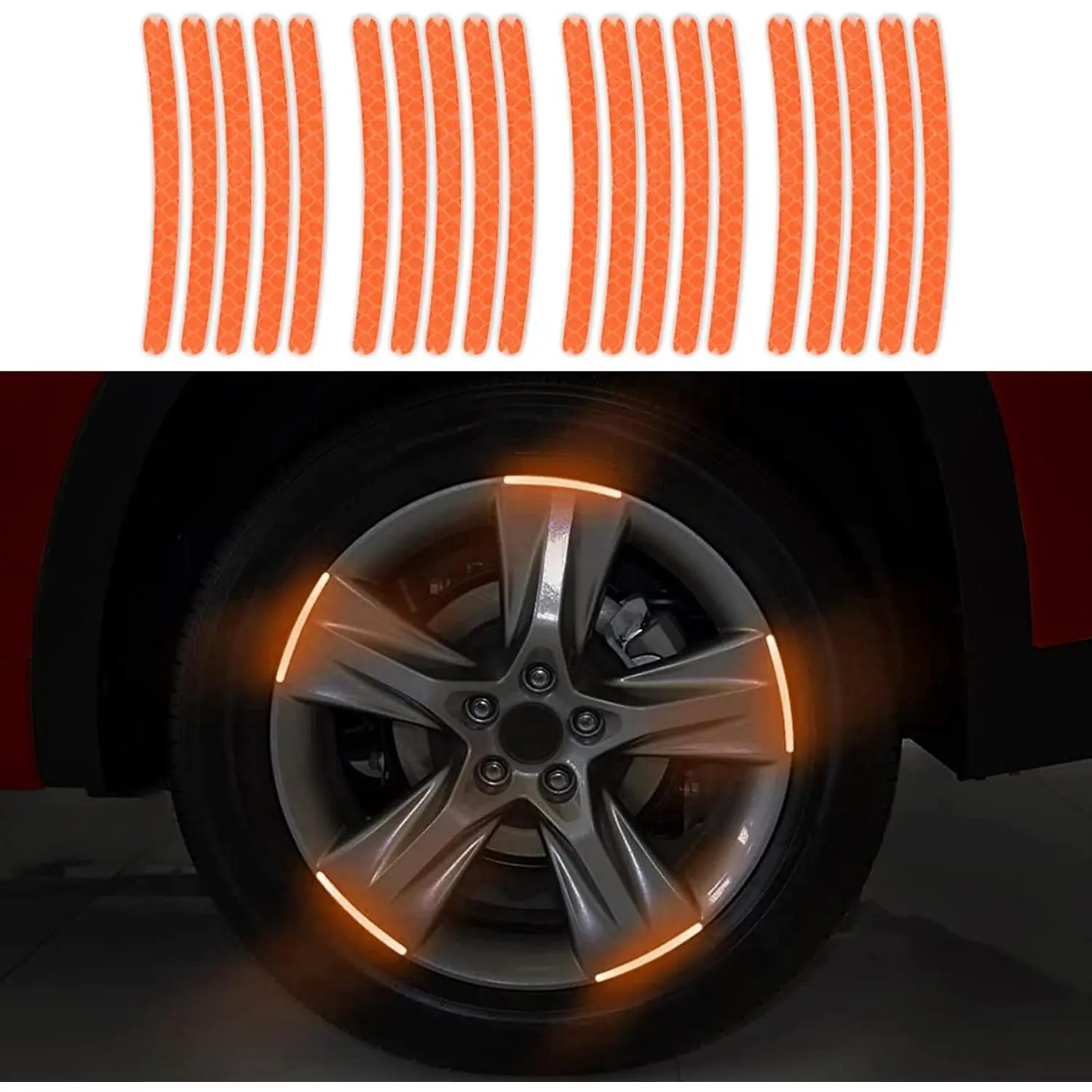 20Pcs 9*0.7cm Peel-and-Stick Abrasive Resistant Car Wheel Hub Reflective Stickers - Waterproof PVC Rim Stripe Decals, Fade Resistant Night Visibility Aid Vehicle & Bicycles Exterior Auto Accessories (Orange)