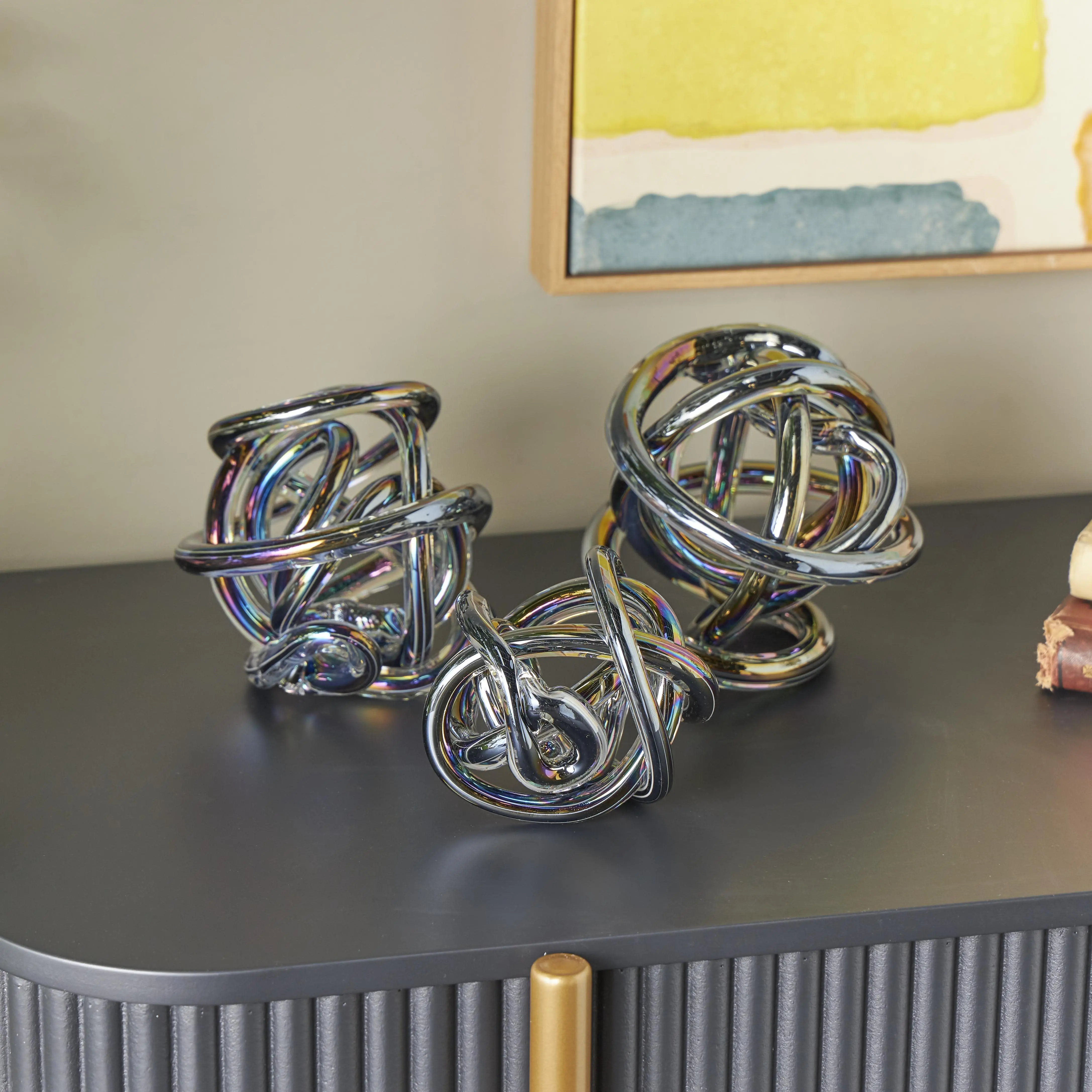 Dark Gray Glass Abstract Handmade Iridescent Knotted Ball Decorative Sculpture, Set of 3 5", 4", 4"W
