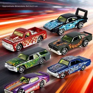 6 Pack Hot Wheels Inspired Die-Cast Cars, Flame Pattern Collectible Mini Vehicles, 1:64 Scale Metal Toy Trucks & Race Cars for Boys, Kids Birthday Gift, Party Favors