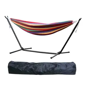 Basics Striped Double Hammock with Space-Saving Metal Stand, Indoor-Use Hammock Stand with Carrying Bag, High-Load-Bearing Capacity
