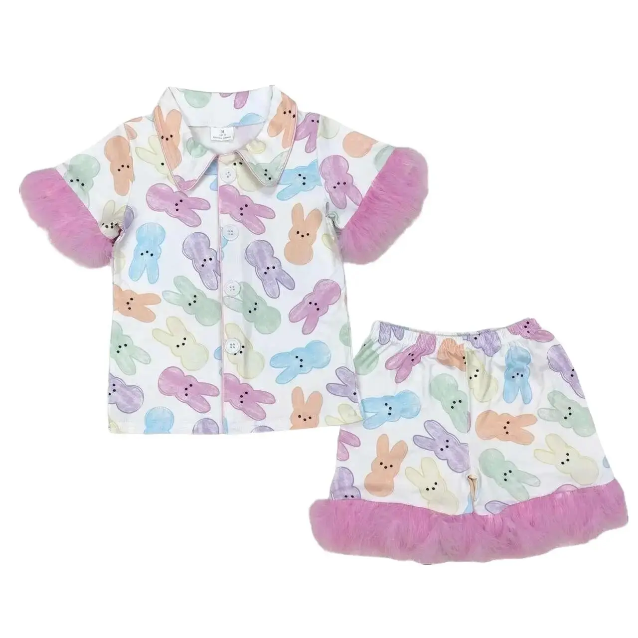 Girls' Pajama Set, Short Sleeve Easter Bunny Print with Fluffy Feather Trim, 2-Piece Cozy Holiday Sleepwear, Fluffy Pajamas, Sunshine