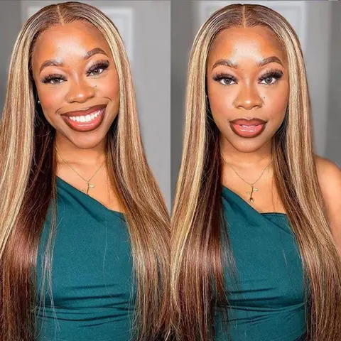 CurlyMe Wear Go Straight Hair Pre-cut Lace Frontal Glueless Wig with Highlights #4/27 Pre-plucked Human Hair Wig
