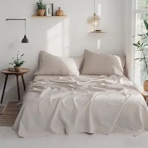 Solid Color Belgian Linen Cotton Blend Sheet Set 4-Piece（1 Flat Sheet & 1 Fitted Sheet & 2 Pillowcases） Soft Breathable Farmhouse Bedding