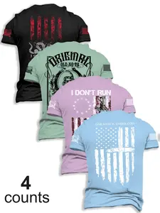Men's Graphic Print Round Neck Short Sleeve Streetwear Classic T-Shirt, Casual Fitted Long Top, Fall Winter Outdoor Wear, 4 Pack