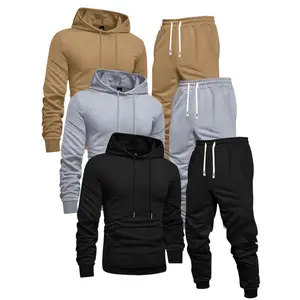 3-Pack Men'S Casual Sports Hoodie And Sweatpants Tracksuit Set, Solid Color, Long Sleeve Pullover with Pocket, Knit Polyester, Slight Stretch, Regular Fit, Elastic Waist with Drawstring, Ribbed Cuff Pants - Spring/Fall Athletic Ou