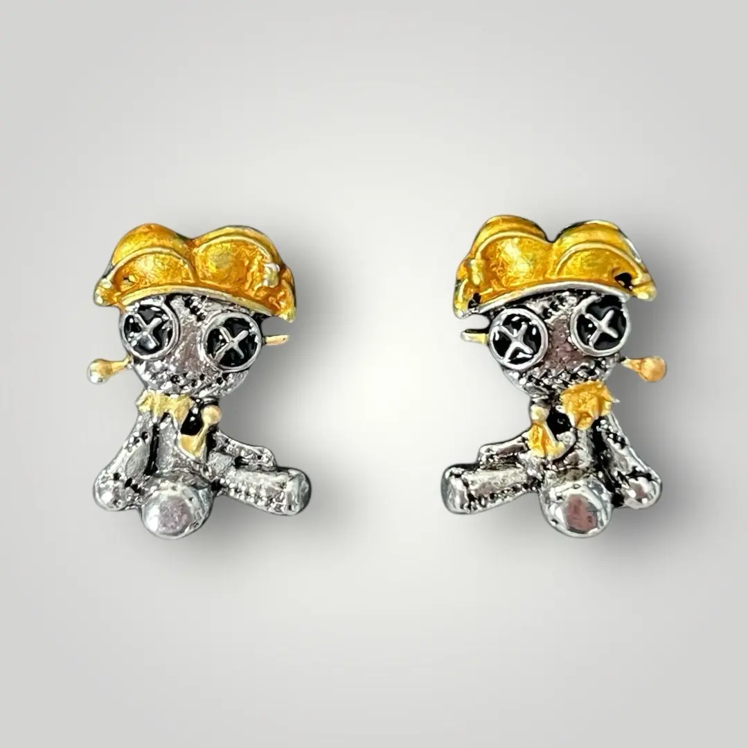 Gothic Voodoo Jester Doll Stud Earrings for New Orleans Vibe with Gold Accessories and Unique Design
