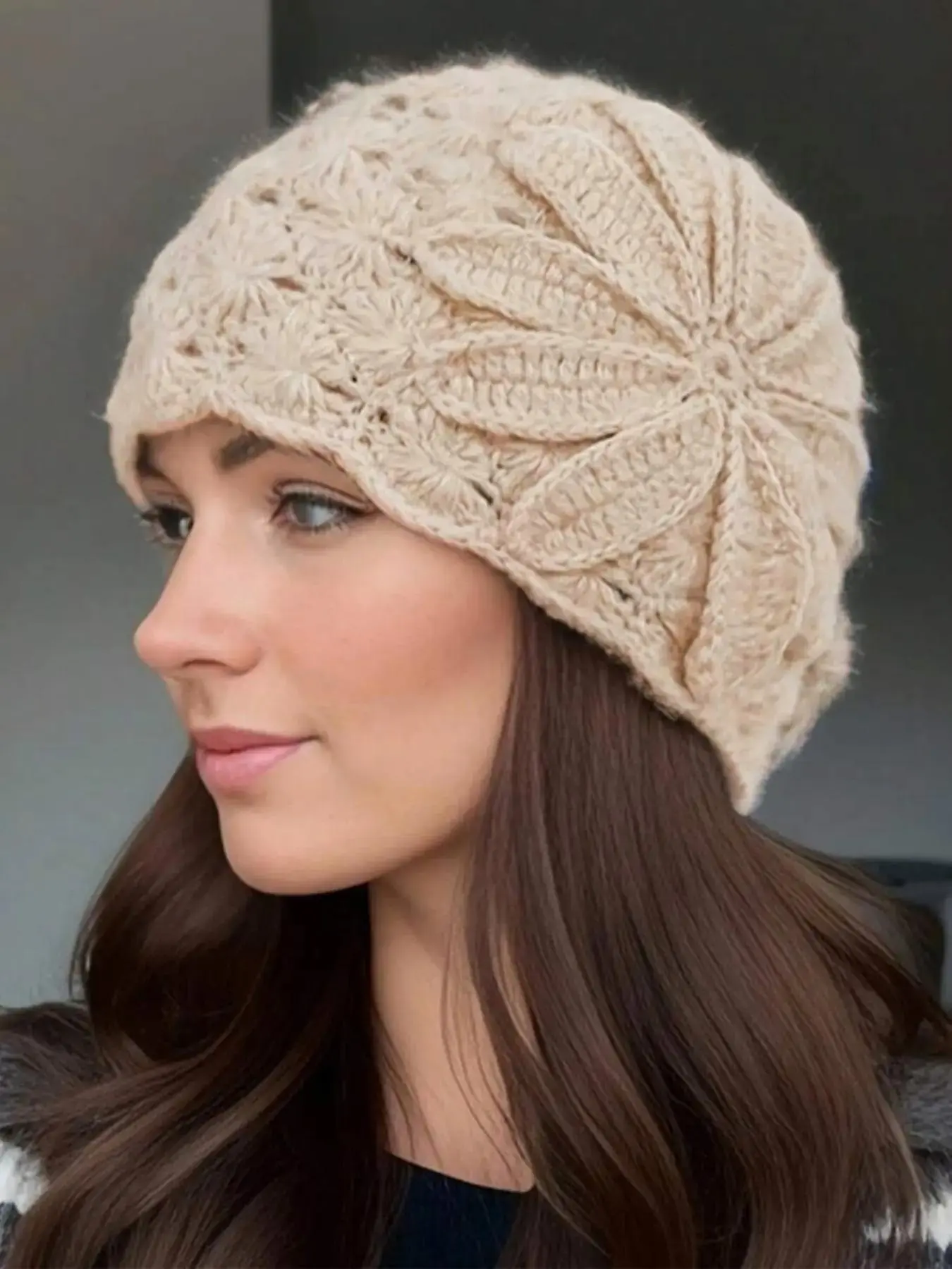 Vintage Floral Crochet Hat, Elegant Women's Knit Cap, Hollow Out Breathable Design, Fashion Accessory for All Seasons, Knitting Beanie, Knitted Cap, Fitted Hat Beanie