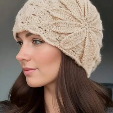 Vintage Floral Crochet Hat, Elegant Women's Knit Cap, Hollow Out Breathable Design, Fashion Accessory for All Seasons, Knitting Beanie, Knitted Cap, Casual Headwear