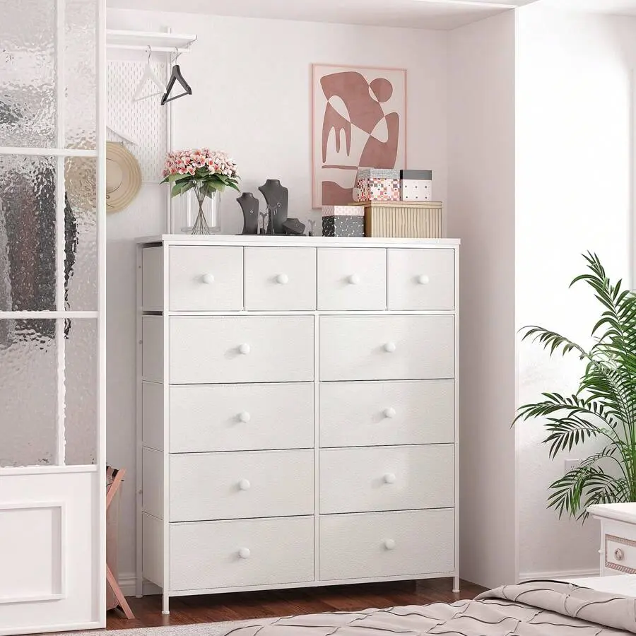 Dresser For Bedroom With 12 Drawers, Tall Dresser With Wooden Top And Metal Frame, Bedroom Dresser Dressers & Chests Of Drawers, Room Decor, Home Deco, Festival Decor