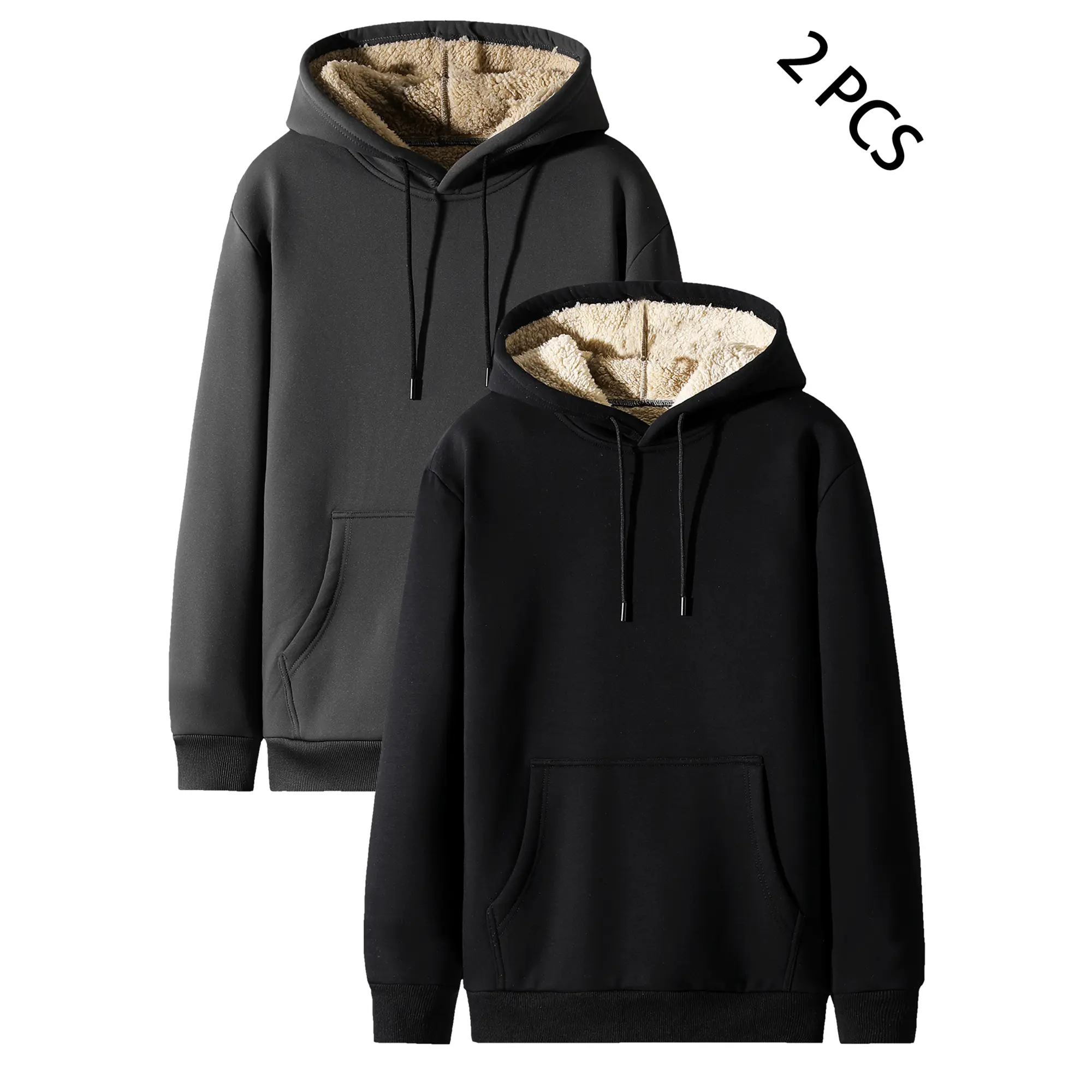 Men's Wool Hoodie Set - Men's Wool Hoodie 2-Piece Solid Color Casual Hoodie Thickened Wool Pullover with Large Pockets Fleece Menswear Outdoor Kangaroo
