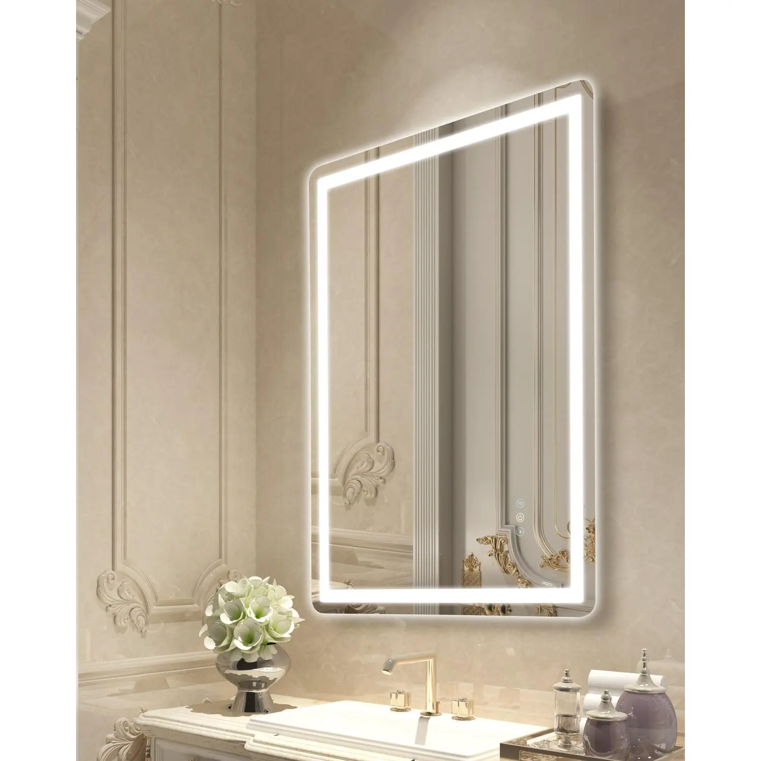 VEVOR 28x36 in Rectangle HD Glass LED Wall Mirror, Frontlit & Backlit, Anti-Fog, Memory Function, Stepless 3-Color Temperature Dimmable, Wall-Mounted for Makeup Shaving, Model mr-d4-ds-2836, 28X36 Inch