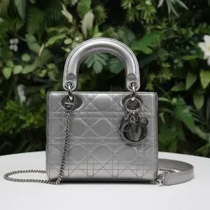 Pre-owned Dior Leather Crossbody Bags Christian Metallic Quilted Silver Cannage Mini Lady Dior