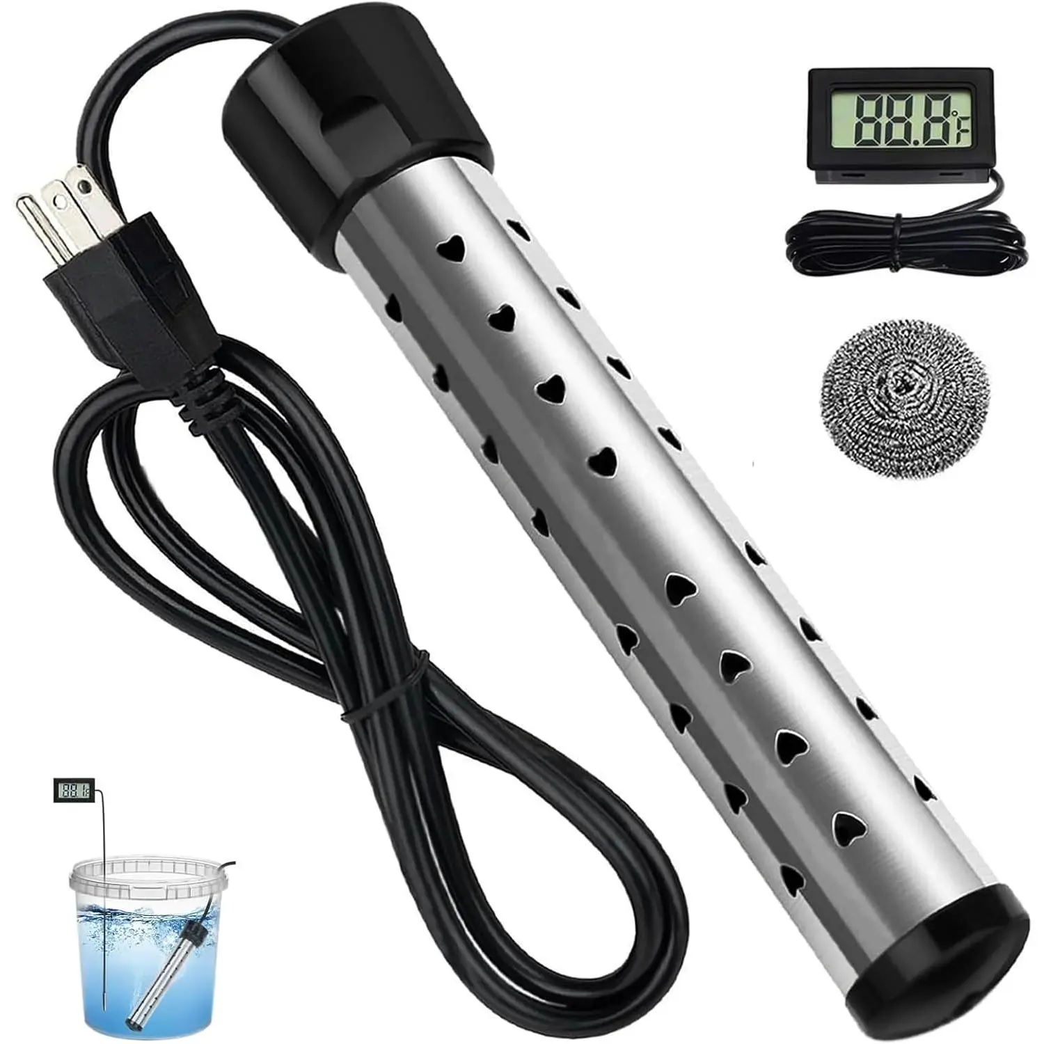 Swiilpo 2000W Portable Digital Control Submersible Electric Immersion Water Heater, 304 SS Guard with LCD Thermometer, Fast Heating for Buckets Bathtubs, Heats 5 Gal in Minutes, Hardware Tool