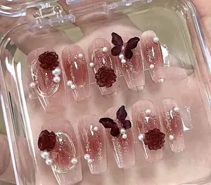 JudithArtNail Burgundy Rose Butterfly Press-On Nails