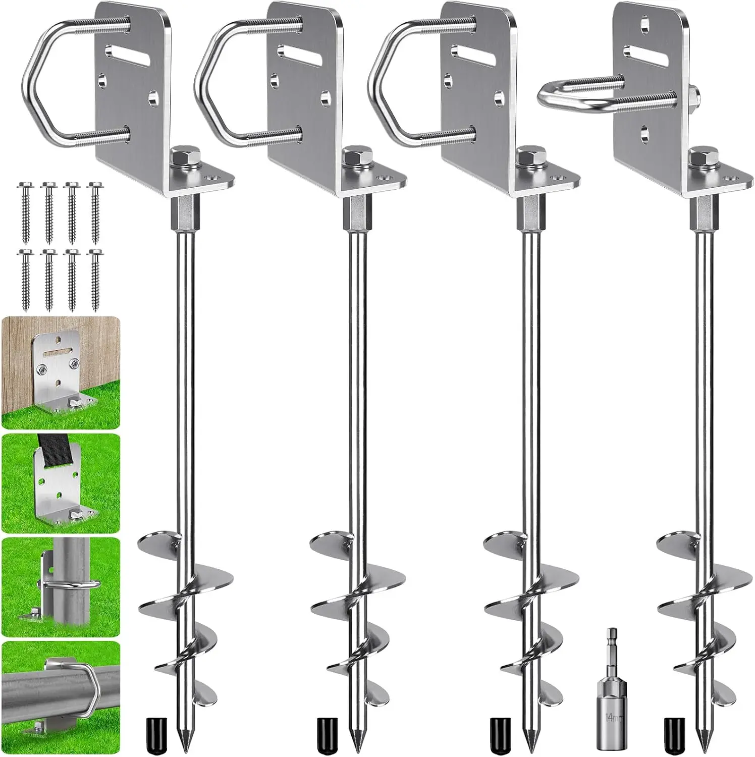 Heavy Duty U-Shape Ground Anchor 4-Pack with Drill Bit & 304 Stainless Steel Bolts, 18in & 30in L-Shaped Brackets for Tent, Shed, Swing Set, Carport, Garden Greenhouse, Fence Support for Stability