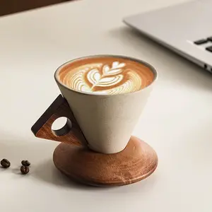 Wabisabi Conical 8.45 oz/245 ml Coffee Cup, Ceramic & Acacia Wooden Material, Aesthetic Triangular Unique Elegant Modern Design for Home & Office, Beverage Drinkware with Handle Porcelain Mug for Coffee & Tea