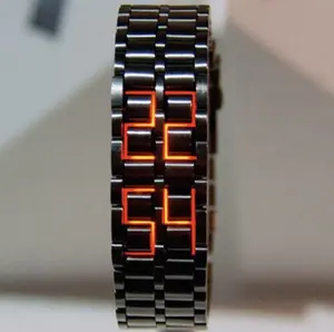 LED Digital Watch, Black & Red Stainless Steel Lava Style, Samurai Bracelet