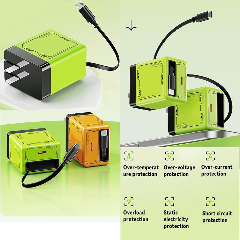GaN Charger Compatible with 120W Fast Charger with Retractable Type-C and ligting Cable,Portable Adapter for iPhone 16, iPad, MacBook, Multi-Device Fast Charging, Folding Charing Cellphone Electronic Smartphone Green Orange