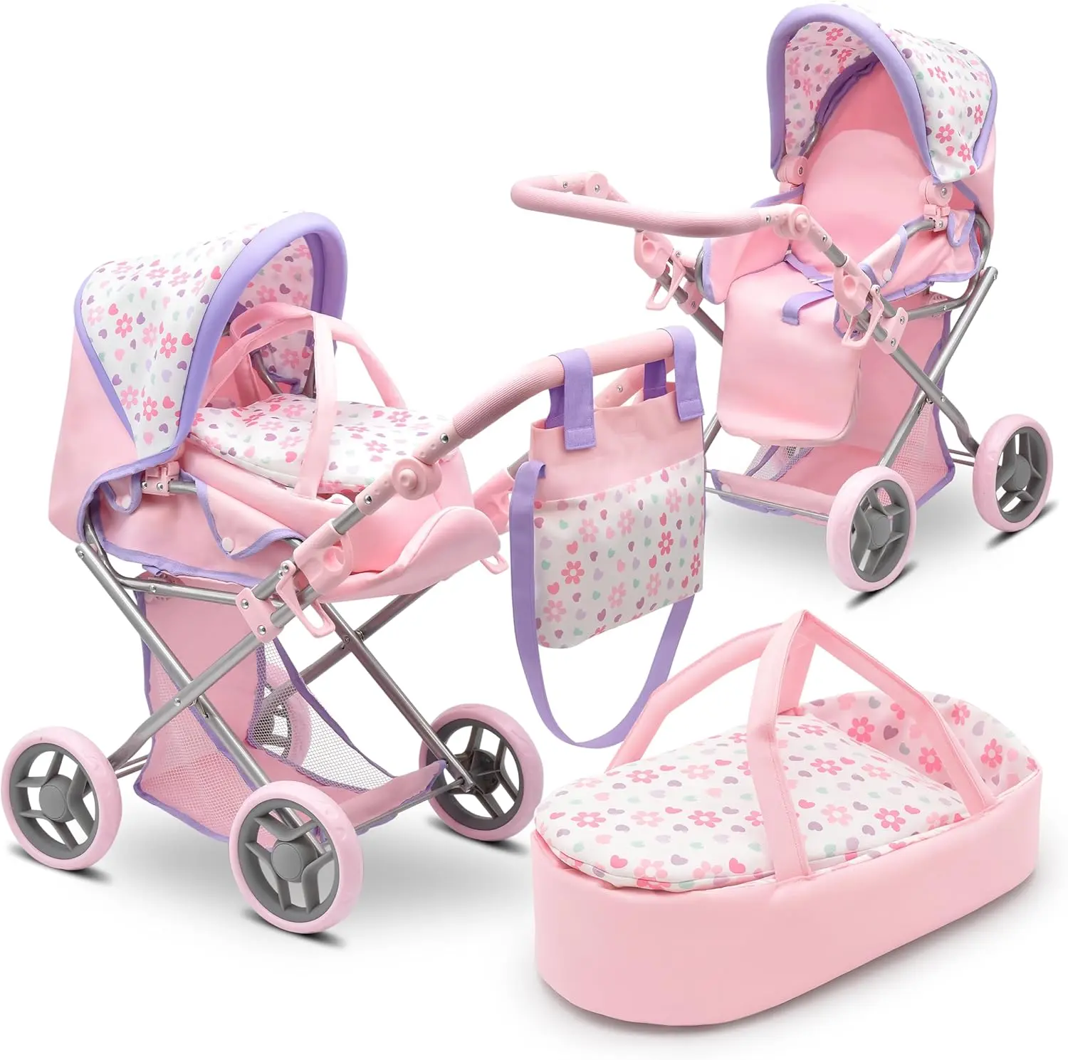 Baby Doll Convertible Pram Stroller with Removable Travel Bassinet Carrier – 3-in-1 Adjustable Doll Buggy Carriage with Canopy, Storage Basket & Diaper Bag – Purple Pretend Play Stroller for Girls Ages 3+