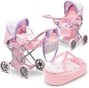 Baby Doll Convertible Pram Stroller with Removable Travel Bassinet Carrier – 3-in-1 Adjustable Doll Buggy Carriage with Canopy, Storage Basket & Diaper Bag – Purple Pretend Play Stroller for Girls Ages 3+