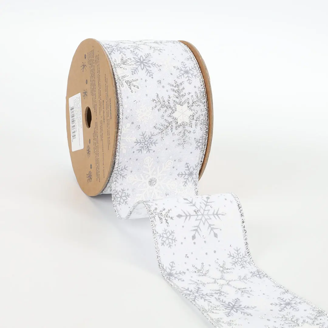 2 1/2" Wired Ribbon | "Glitter Snowflake" White/Silver | 10 Yard Roll wreath making Christms tree decor Christms Ribbon