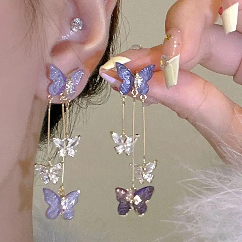 925 Silver Needle Purple Butterfly Long Tassel Earrings For Women Jewelry 2026 Trending Korean Fashion Luxury Crystal Earrings
