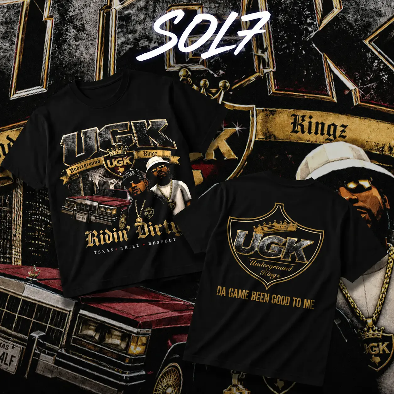 SOL7 UGK Ridin' Dirty Heavy Cotton Unisex Graphic T-Shirt  Houston Rap Underground Kingz Pimp C Bun B Texas Screwed Up Click DJ Screw 713 Crewneck Tee, Vintage Streetwear Graphic T-Shirt Direct To Garment Breathable Print