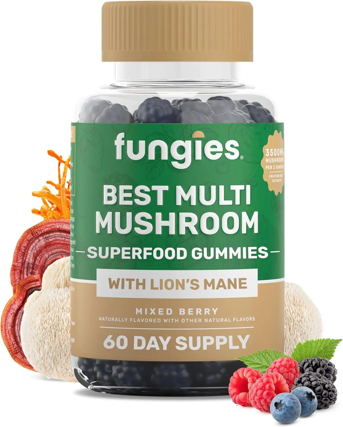 Fungies Multi Mushroom Gummies - 60 count - Mixed Berry Flavor - with Lion's Mane, Reishi, Cordyceps, Chaga, Shiitake, Maitake & Turkey Tail - Vegan, Non-GMO & Gluten Free