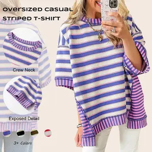 Summer women's fashion big-size round collar stripes color casual loose T-shirt