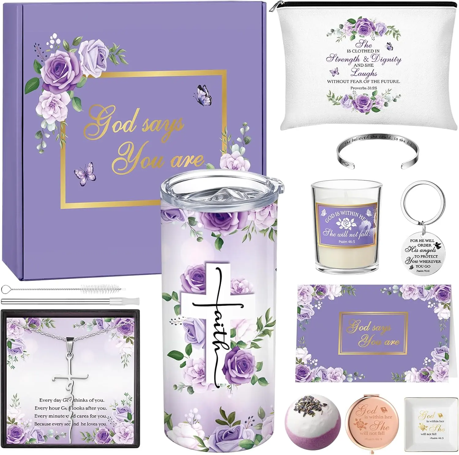 Gejoy 11-Pc "God Says You Are" Christian Faith Gift Basket Set for Women - 20oz Insulated Tumbler, Bracelet, Butterfly Sticker, Jewelry - Inspirational Birthday, Christmas Gifts for Sister Wife, Box