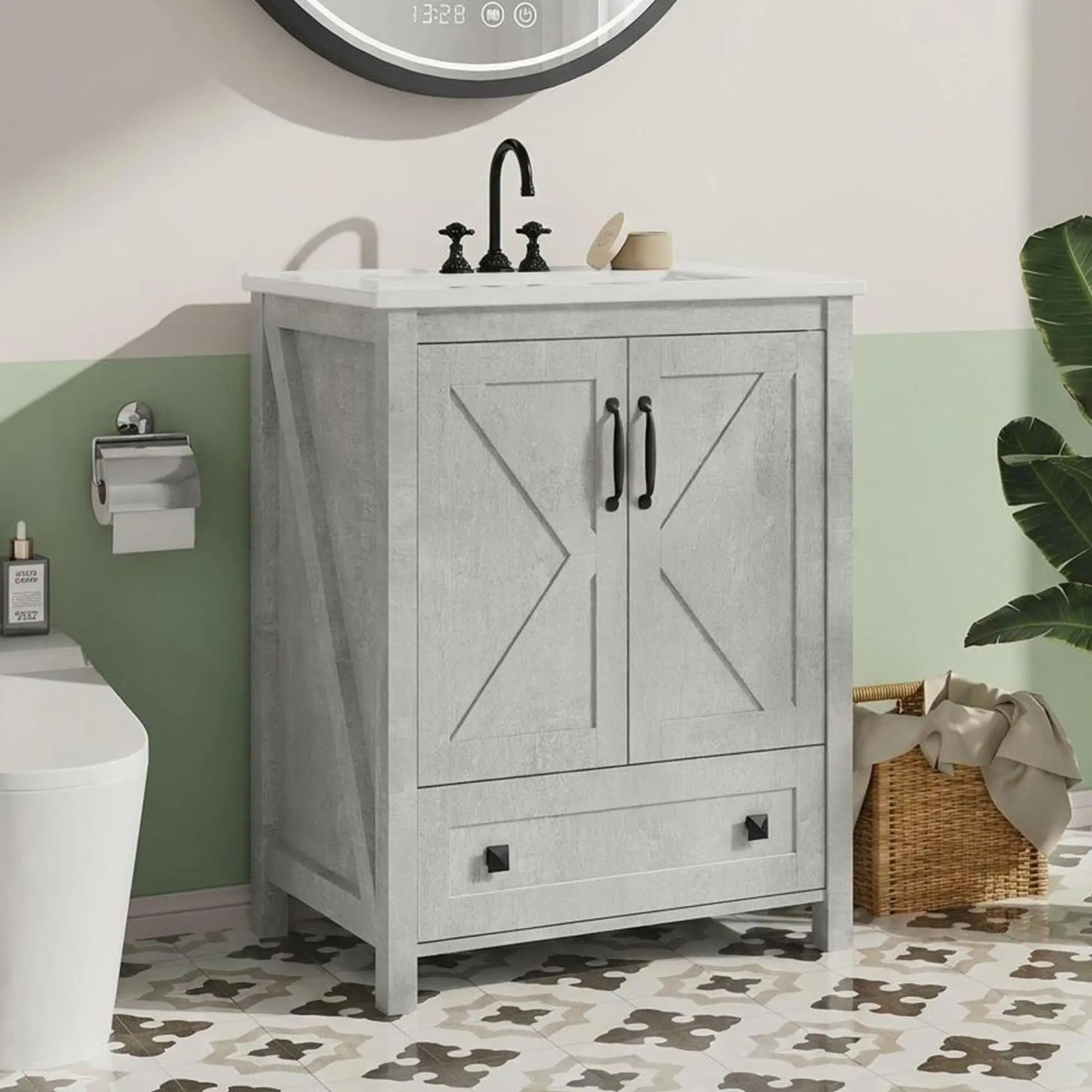 Garvee Modern Freestanding Bathroom Cabinet with Ceramic Sink – 2 Doors, 1 Drawer, Water-Resistant Construction, Easy Assembly – Bathroom Vanity Set – Available in White or Grey, 24/30 Inches