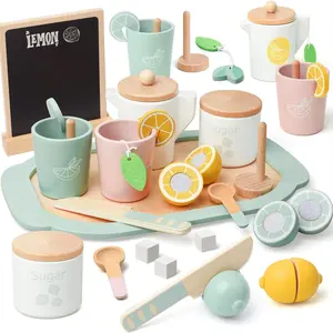 Non-Toxic Wooden Lemonade Stand Tea Set Pretend Play Toys for Kids No Assembly Required Tea Party Supplies Great Birthday Gift for Toddlers 3-5