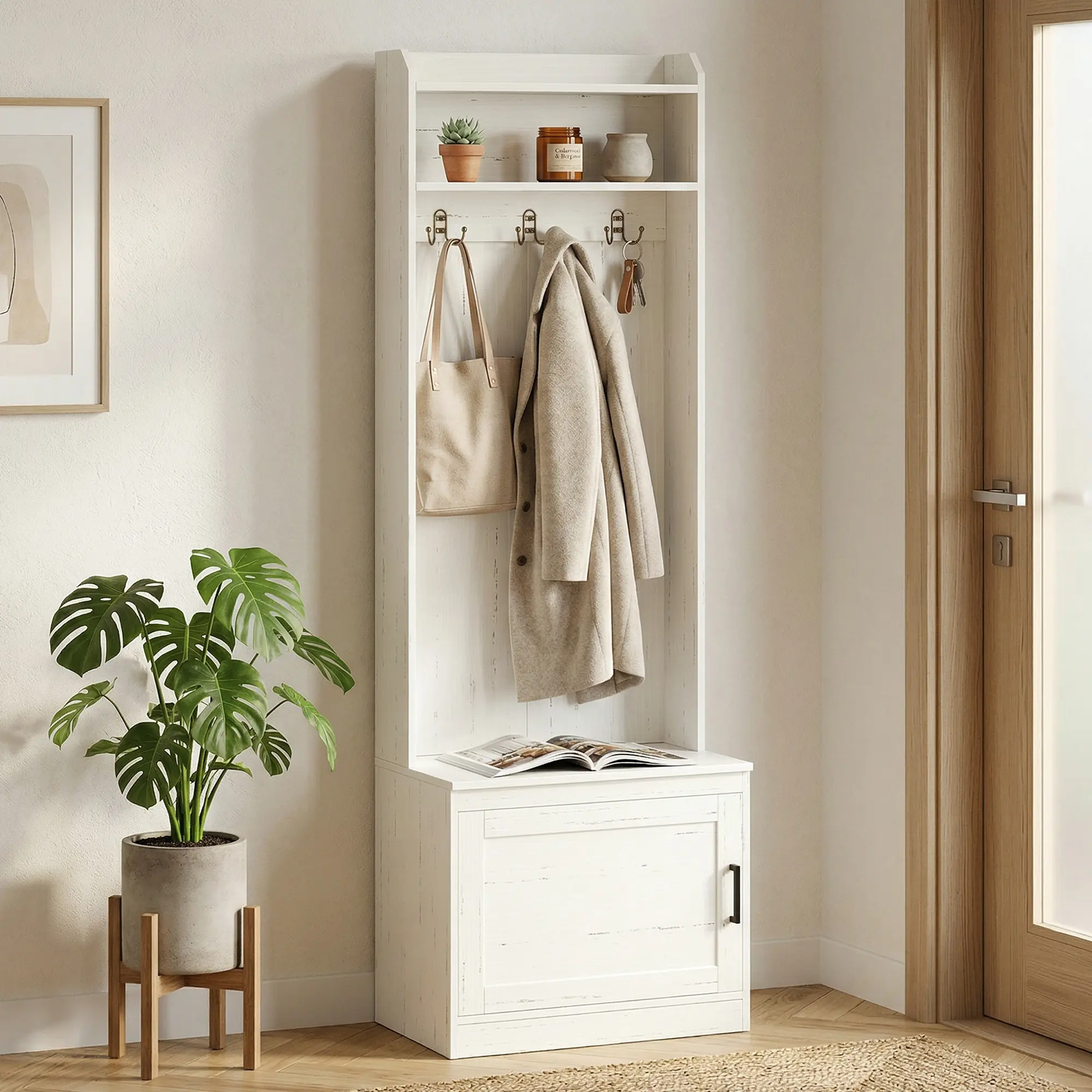 Rustic White Wood Grain Self-Standing Wood Coat Rack Hall Tree, Heavy-Duty with Seat, High Load Capacity, Ideal for Home Foyer & Mudroom Storage, Wood Coat Racks
