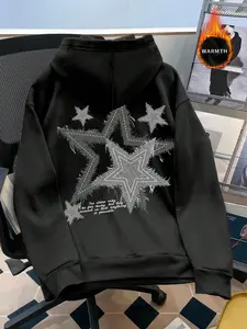 Men's Classic Fleece Hoodie with Drawstring, Embroidered Star Print, Premium Fabric, Casual Outdoor Wear, Fall Winter Fashion