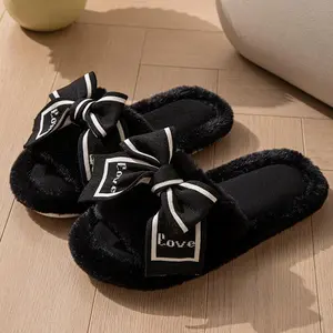 Winter Plush Slide Slippers for Women - Cozy Bow Slide Slippers for Women - Plush Open-Toe House Shoes All Seasons Suitable Valentine's Day gifts