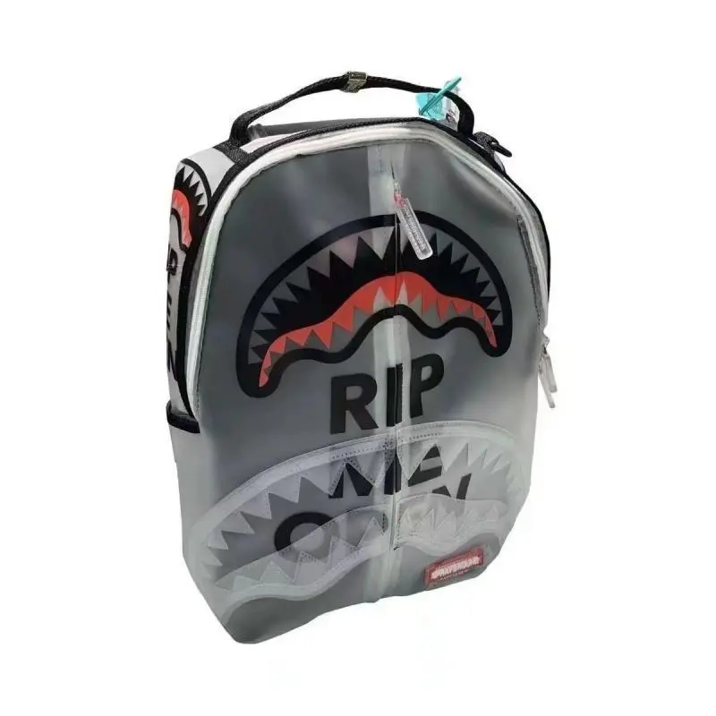 Sprayground Transparent Gray Shark Mouth Backpack - Clear Seeugh RIP Graphic Streetwear Daypack for Teen Boys Street Fashion Enthusiasts