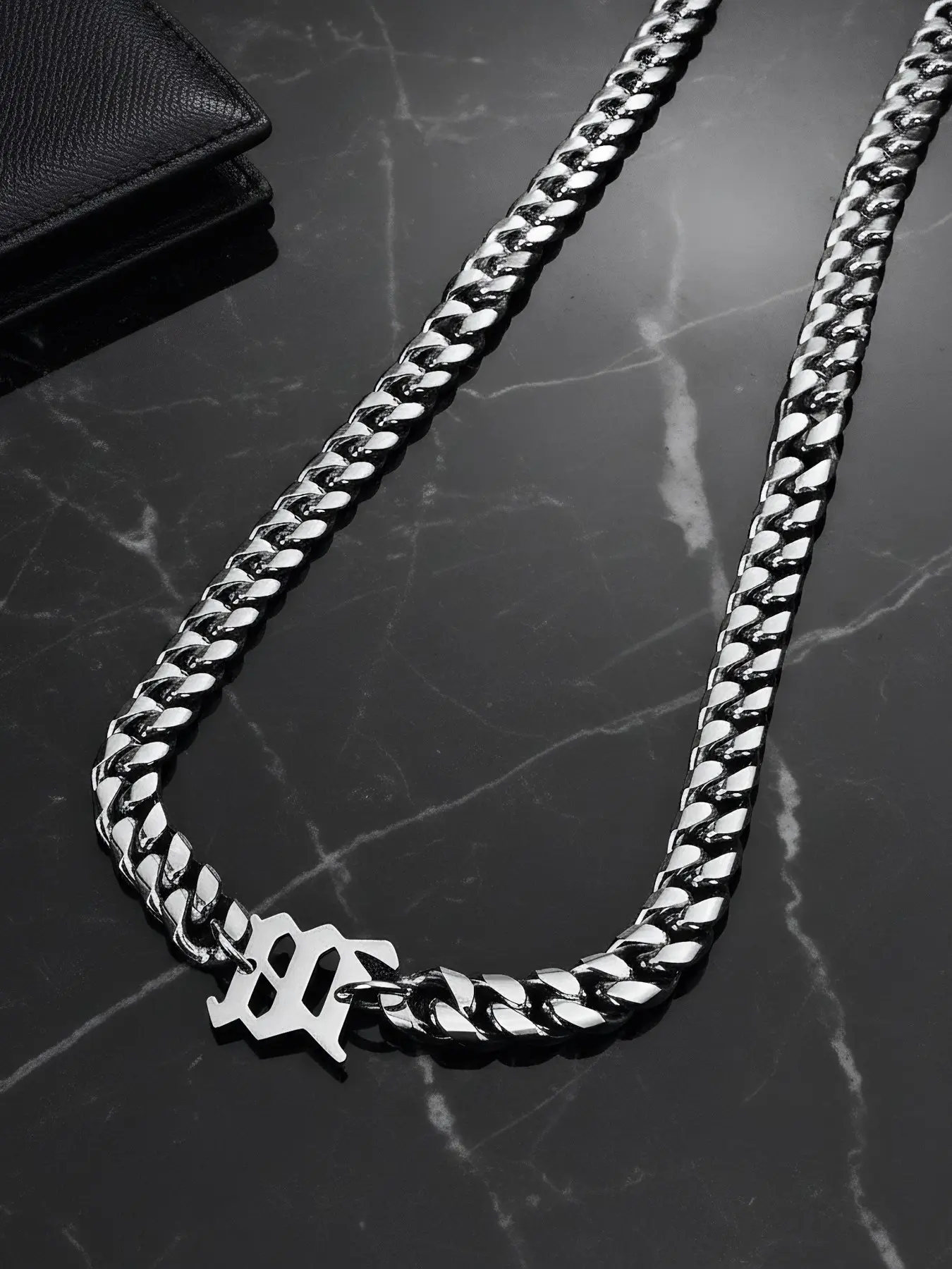 Men Gothic Letter M Cuban Link Necklace, Stainless Steel Vintage Initial Pendant Choker, Hypoallergenic Waterproof Hip Hop Streetwear Jewelry, Punk Statement Accessory Gift for Guys