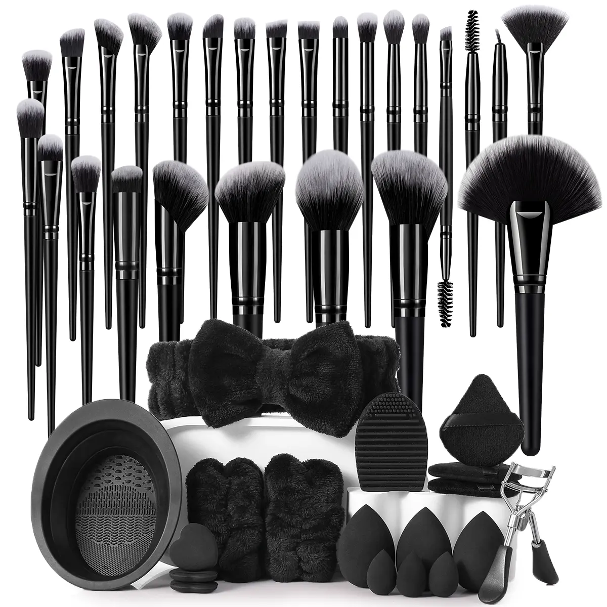 Classic Black All-In-One Makeup Tools Set Makeup Brush Set Beauty Sponges Triangle Powder Puffs Plush Hairband Wristbands Eyelash Curler Silicone Cleaner Bowl For Daily Full Face Makeup & Travel