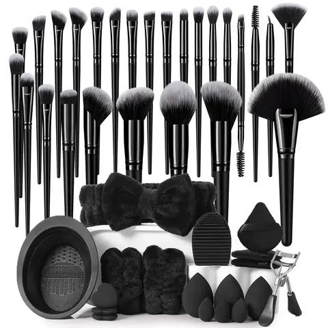 Durable Cosmetic Makeup Brushes Set for Adults & Beginners - Synthetic Fiber Brushes, Beauty Sponges, Triangle Powder Puffs, Plush Hairband, Wristbands, Eyelash Curler, Silicone Cleaner Bowl, 1 Travel-Ready Full Face Daily Use Kit