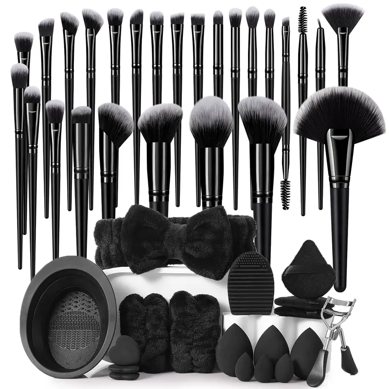 Durable Cosmetic Makeup Brushes Set for Adults & Beginners - Synthetic Fiber Brushes, Beauty Sponges, Triangle Powder Puffs, Plush Hairband, Wristbands, Eyelash Curler, Silicone Cleaner Bowl, 1 Travel-Ready Full Face Daily Use Kit