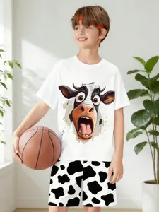 Farm Style Set Breathable Cute Cow Head & Spotted Print T-Shirt Shorts Kids Clothing, Casual Slim-Fitting Short Suit