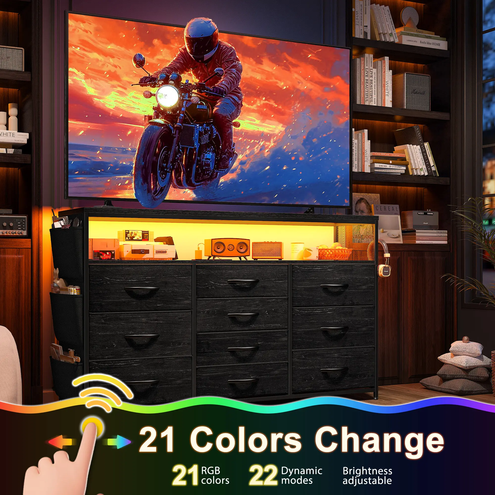 SUMMER Vibes10 Fabric Drawers Dresser for Bedroom with purse hook & Folders, 55" TV Stand SUMMER Vibes10 Fabric Drawers Dresser for Bedroom with purse hook & Folders, 55" TV Stand