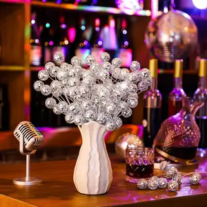 12 Pcs Disco Balls Party Decorations Disco Ball Sticks Ornaments Centerpieces 2026 Vase Mini Bulk Silver Glitter Flower Picks 14 Inch Glitter Stems for Crafts