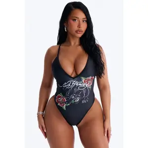 Ed Hardy Roses & Panther 1 Piece Swimsuit - Black