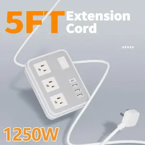High Quality 4.7 FT Small Size Flat Plug USB Power Strip Wall Mouted 3AC Outlet With 4 USB Ports (3A+1C) With Overload And Power Indicator Light 10A 1250W Extension Cord Multiple Outlets Extender Extension Cord Lead Multi-Functional Smart
