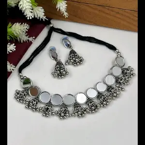 Gorgeous Real Mirror Necklace and Earrings Set with Unique Design and Elegant Look Featuring Circular Mirrors and Beaded Accents