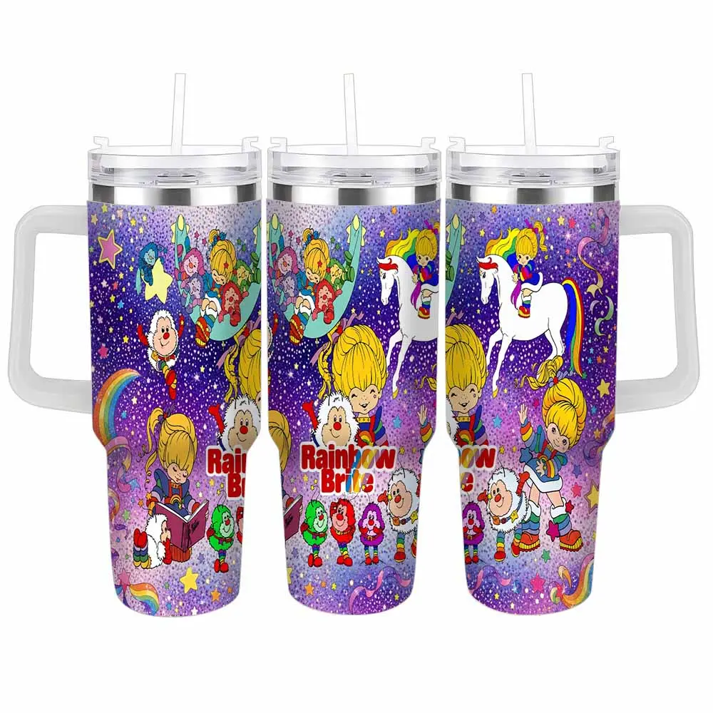 Rainbow Brite Travel Car Tumbler (40oz/30oz) Nostalgic Cartoon Characters Print Stainless Steel Vacuum Insulated Spillproof Cup For Daily Office Commute Outdoor Adventure Road Trip Birthday Gift Presentation