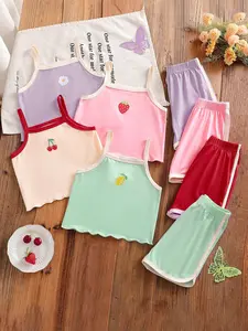 Girls' Casual Daisy Cherry Strawberry Print Set, Soft Knit Fabric Halter Shorts, 8-Piece Outdoor Wear, Spring Summer Fashion