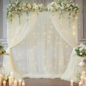 Ivory Tulle Backdrop Curtain with Led Lights 4 Panels 5x10ft Sheer Wrinkle Free Drapes for Baby Shower Birthday Party Wedding Arch Living Room Window Wall Decoration Hand Made Nature Banners Ornaments