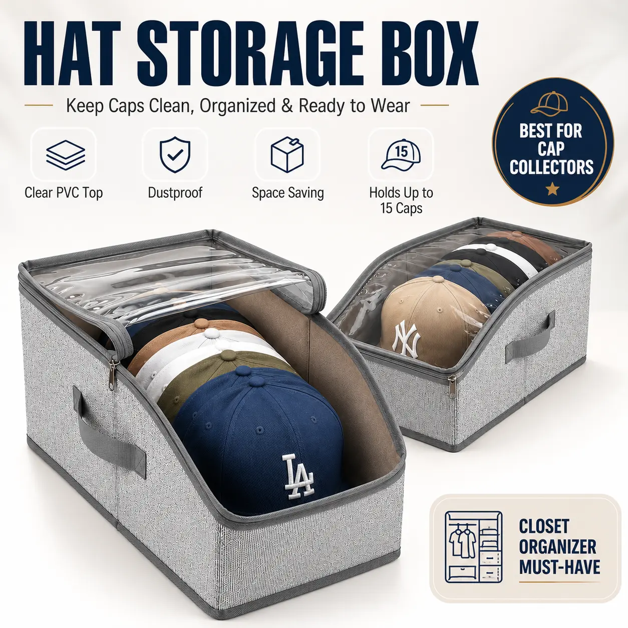 Stackable Hat Storage Boxes for Baseball Caps, Holds Up to 30 Hats, Durable Cardboard Box for Men, Classic Style, Wardrobe Organizer